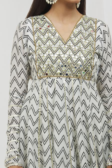 Shop_Yuvraani Jaipur_Black Silk, Organza, Satin Chevron Handblock Print Anarkali With Dupatta _Online_at_Aza_Fashions