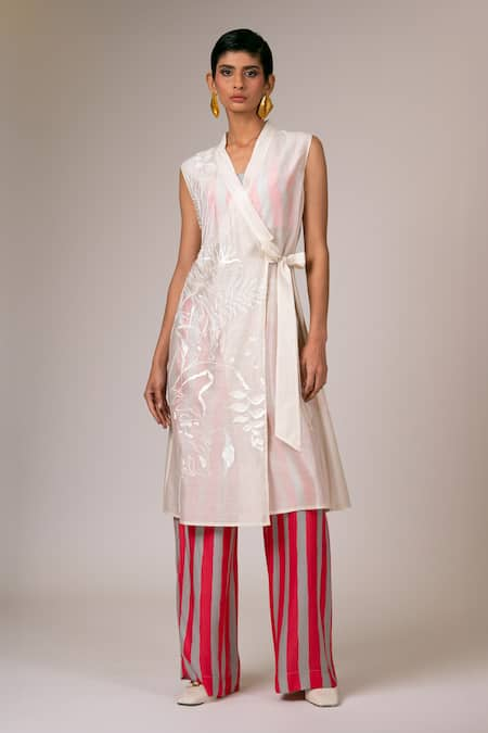 Madder Much Ivory Handloom Chanderi Silk Embroidered Argon Sheer Wrap Tunic Dress Pant Set 