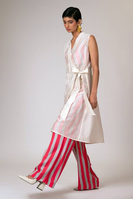 Shop Madder Much Ivory Handloom Cotton, Chanderi Silk, Argon Sheer Wrap Tunic Dress Pant Set Online at Aza Fashions Shop_Madder Much_Ivory Handloom Cotton, Chanderi Silk, Argon Sheer Wrap Tunic Dress Pant Set _Online_at_Aza_Fashions