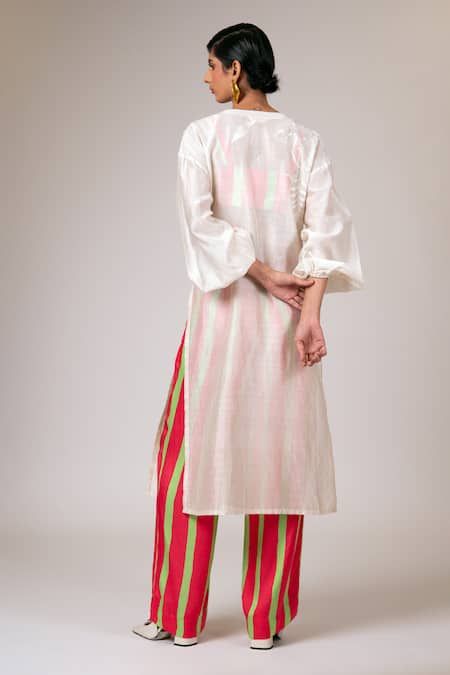Shop_Madder Much_Ivory Handloom Cotton, Rayon Astra Sheer Kaftan Kurta Striped Pant Set _at_Aza_Fashions
