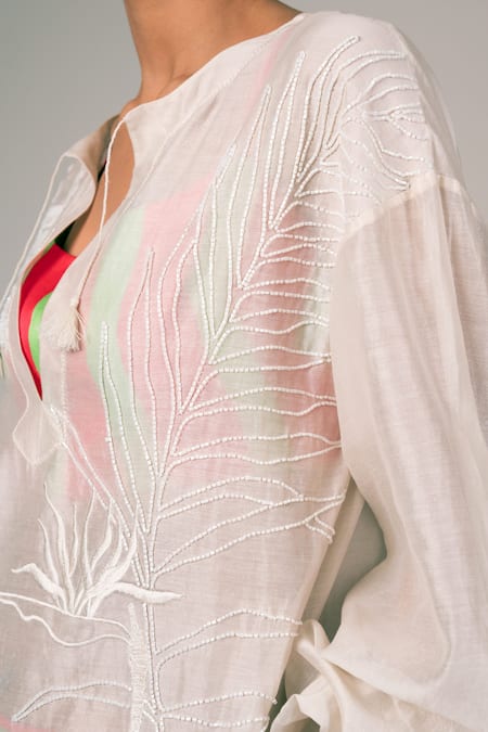 Madder Much_Ivory Handloom Cotton, Rayon Astra Sheer Kaftan Kurta Striped Pant Set _Online_at_Aza_Fashions