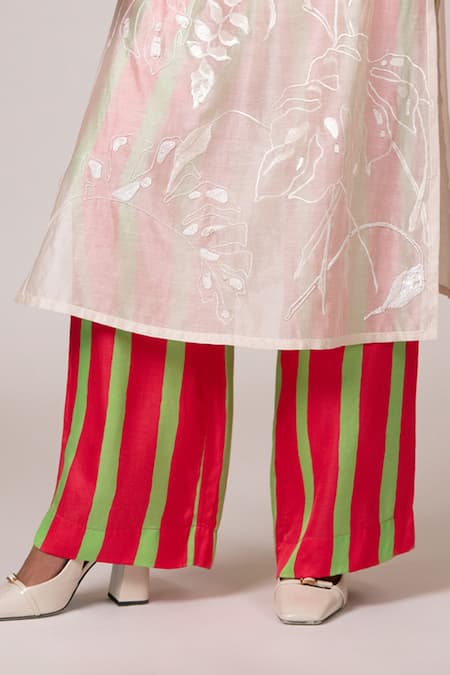 Buy_Madder Much_Ivory Handloom Cotton, Rayon Astra Sheer Kaftan Kurta Striped Pant Set _Online_at_Aza_Fashions