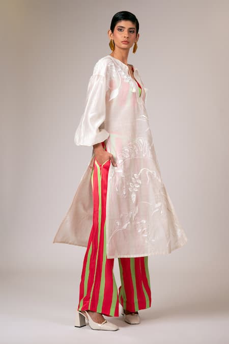 Shop_Madder Much_Ivory Handloom Cotton, Rayon Astra Sheer Kaftan Kurta Striped Pant Set _Online_at_Aza_Fashions