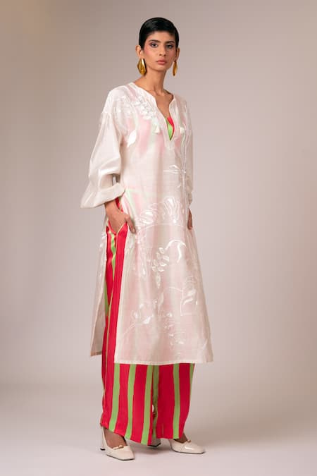 Madder Much_Ivory Handloom Cotton, Rayon Astra Sheer Kaftan Kurta Striped Pant Set _at_Aza_Fashions