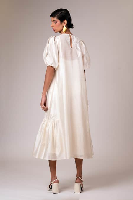 Shop Madder Much White Handloom Cotton, Rayon Sequins, Hazel Featherlight Embroidered Midi Dress at Aza Fashions Shop_Madder Much_White Handloom Cotton, Rayon Sequins, Hazel Featherlight Embroidered Midi Dress _at_Aza_Fashions