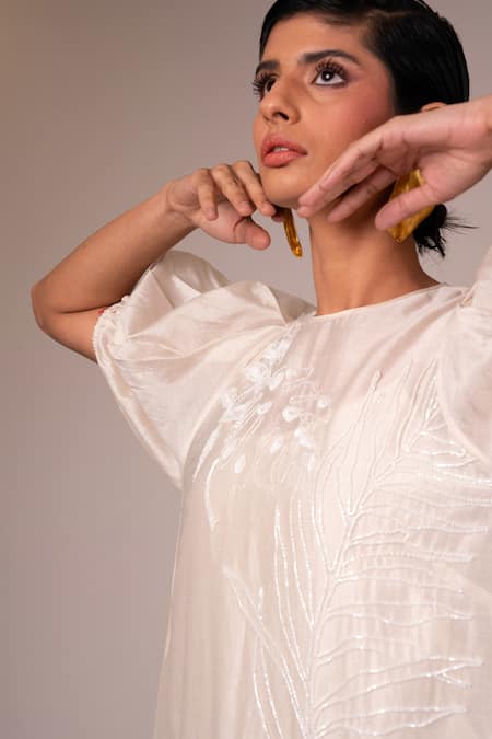 Madder Much White Handloom Cotton, Rayon Sequins, Hazel Featherlight Embroidered Midi Dress Online at Aza Fashions Madder Much_White Handloom Cotton, Rayon Sequins, Hazel Featherlight Embroidered Midi Dress _Online_at_Aza_Fashions