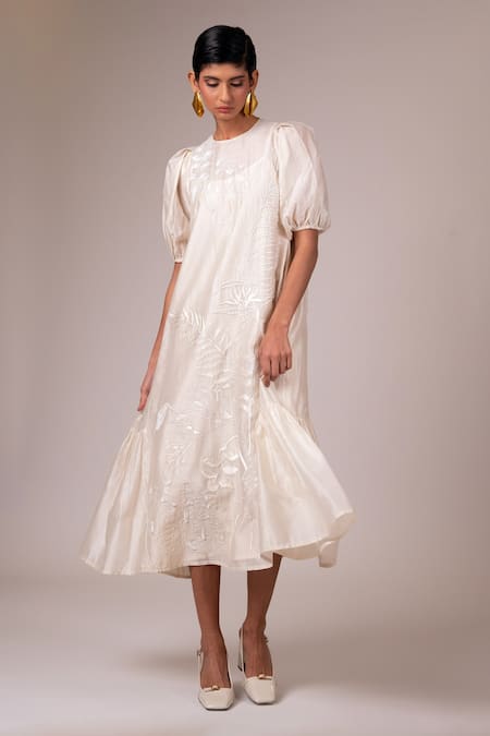Shop Madder Much White Handloom Cotton, Rayon Sequins, Hazel Featherlight Embroidered Midi Dress Online at Aza Fashions Shop_Madder Much_White Handloom Cotton, Rayon Sequins, Hazel Featherlight Embroidered Midi Dress _Online_at_Aza_Fashions