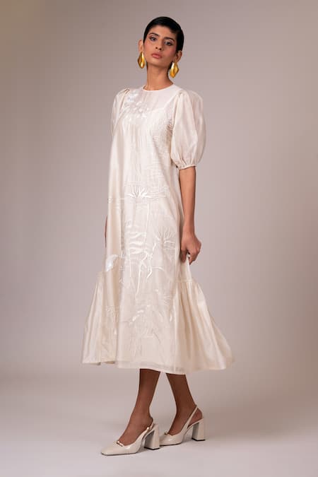 Madder Much White Handloom Cotton, Rayon Sequins, Hazel Featherlight Embroidered Midi Dress at Aza Fashions Madder Much_White Handloom Cotton, Rayon Sequins, Hazel Featherlight Embroidered Midi Dress _at_Aza_Fashions