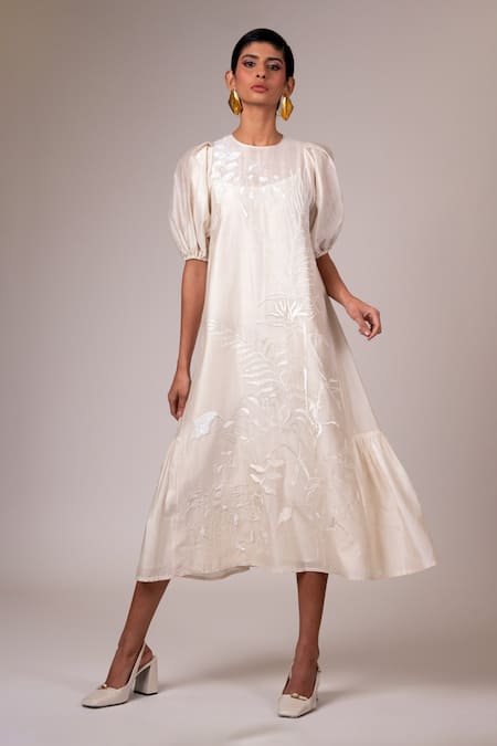 Buy Madder Much White Handloom Cotton, Rayon Sequins, Hazel Featherlight Embroidered Midi Dress Buy_Madder Much_White Handloom Cotton, Rayon Sequins, Hazel Featherlight Embroidered Midi Dress