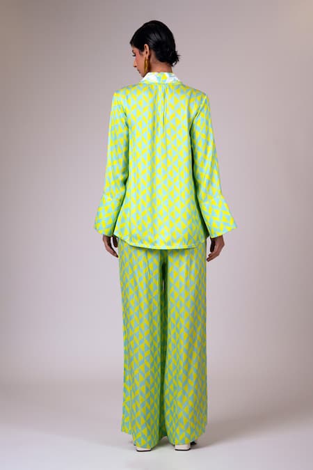 Shop_Madder Much_Green Modal, Satin Embroidery Shawl Neck Krypt Geometric Print Top Pant Set _at_Aza_Fashions