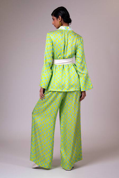 Madder Much_Green Modal, Satin Embroidery Shawl Neck Krypt Geometric Print Top Pant Set _Online_at_Aza_Fashions