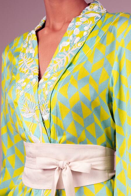 Buy_Madder Much_Green Modal, Satin Embroidery Shawl Neck Krypt Geometric Print Top Pant Set _Online_at_Aza_Fashions