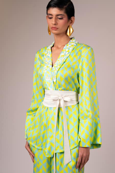 Shop_Madder Much_Green Modal, Satin Embroidery Shawl Neck Krypt Geometric Print Top Pant Set _Online_at_Aza_Fashions
