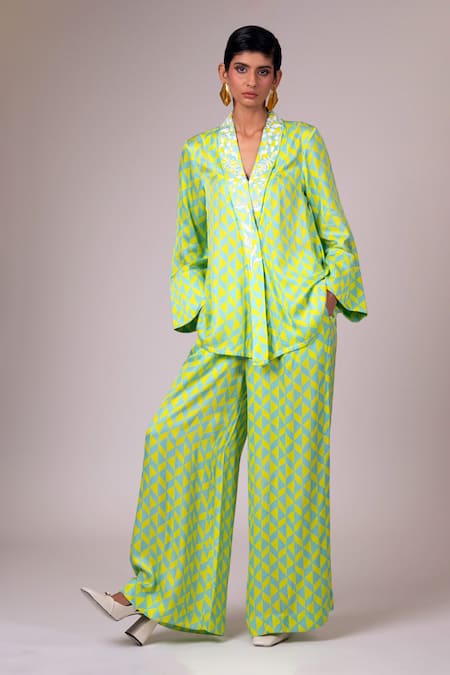 Madder Much_Green Modal, Satin Embroidery Shawl Neck Krypt Geometric Print Top Pant Set _at_Aza_Fashions