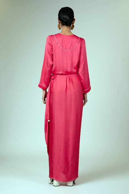 Shop_Madder Much_Pink Modal, Satin Embroidery Round Neck Pahi Wrap Kimono Dress _at_Aza_Fashions