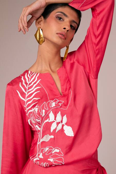 Madder Much_Pink Modal, Satin Embroidery Round Neck Pahi Wrap Kimono Dress _Online_at_Aza_Fashions