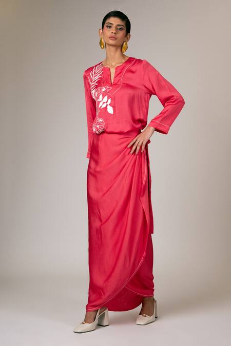 Buy_Madder Much_Pink Modal, Satin Embroidery Round Neck Pahi Wrap Kimono Dress _Online_at_Aza_Fashions