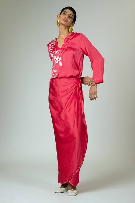 Shop_Madder Much_Pink Modal, Satin Embroidery Round Neck Pahi Wrap Kimono Dress _Online_at_Aza_Fashions