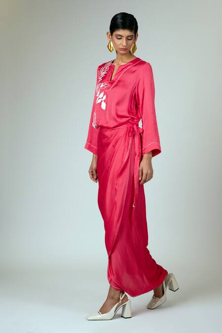 Madder Much_Pink Modal, Satin Embroidery Round Neck Pahi Wrap Kimono Dress _at_Aza_Fashions