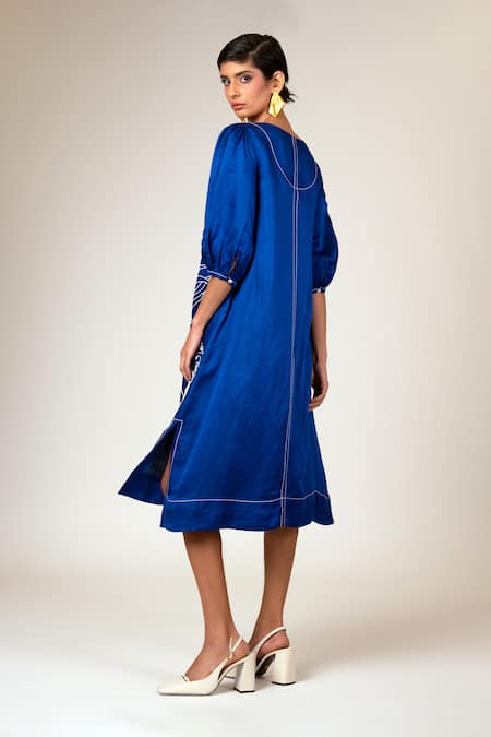 Shop Madder Much Blue Linen, Satin Embroidery Round Neck Sonic Midi Dress at Aza Fashions Shop_Madder Much_Blue Linen, Satin Embroidery Round Neck Sonic Midi Dress _at_Aza_Fashions