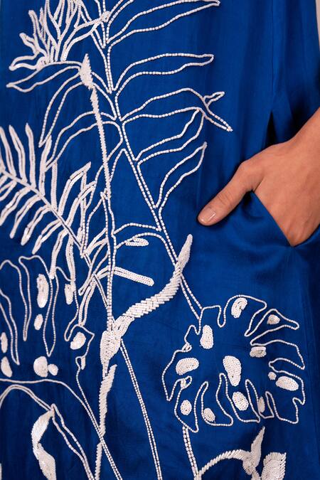 Madder Much Blue Linen, Satin Embroidery Round Neck Sonic Midi Dress Online at Aza Fashions Madder Much_Blue Linen, Satin Embroidery Round Neck Sonic Midi Dress _Online_at_Aza_Fashions