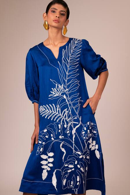 Buy Madder Much Blue Linen, Satin Embroidery Round Neck Sonic Midi Dress Online at Aza Fashions Buy_Madder Much_Blue Linen, Satin Embroidery Round Neck Sonic Midi Dress _Online_at_Aza_Fashions