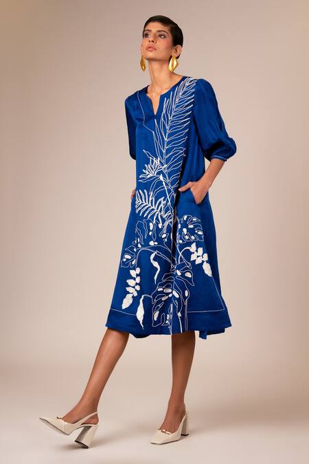 Shop Madder Much Blue Linen, Satin Embroidery Round Neck Sonic Midi Dress Online at Aza Fashions Shop_Madder Much_Blue Linen, Satin Embroidery Round Neck Sonic Midi Dress _Online_at_Aza_Fashions