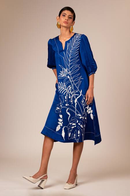 Madder Much Blue Linen, Satin Embroidery Round Neck Sonic Midi Dress at Aza Fashions Madder Much_Blue Linen, Satin Embroidery Round Neck Sonic Midi Dress _at_Aza_Fashions