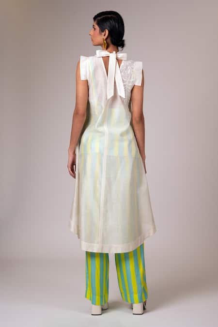 Shop Madder Much Ivory Chanderi Silk, Handloom Cotton Embroidery High Sulfax Low Top Pant Set at Aza Fashions Shop_Madder Much_Ivory Chanderi Silk, Handloom Cotton Embroidery High Sulfax Low Top Pant Set _at_Aza_Fashions