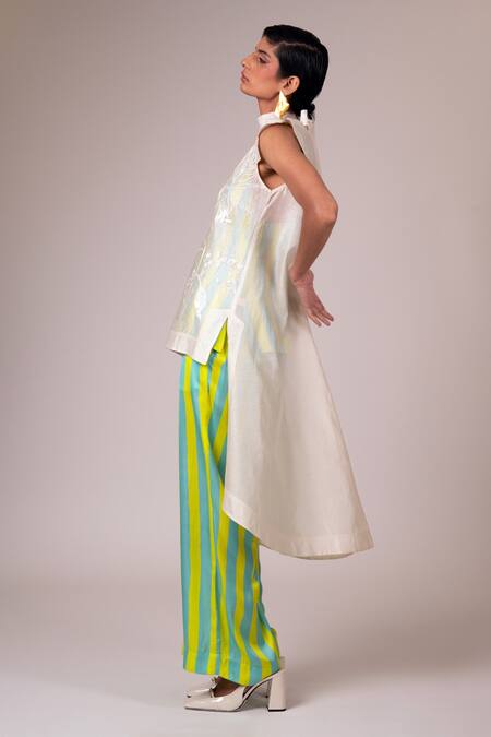 Madder Much Ivory Chanderi Silk, Handloom Cotton Embroidery High Sulfax Low Top Pant Set at Aza Fashions Madder Much_Ivory Chanderi Silk, Handloom Cotton Embroidery High Sulfax Low Top Pant Set _at_Aza_Fashions