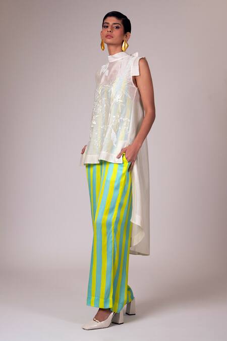 Buy Madder Much Ivory Chanderi Silk, Handloom Cotton Embroidery High Sulfax Low Top Pant Set Buy_Madder Much_Ivory Chanderi Silk, Handloom Cotton Embroidery High Sulfax Low Top Pant Set