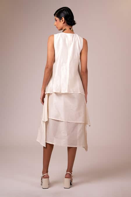 Shop_Madder Much_Ivory Chanderi Silk Embroidery Open Neck Valarie Thread Stepped Midi Dress _at_Aza_Fashions