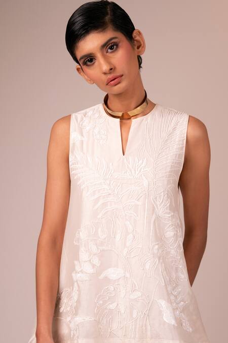 Madder Much_Ivory Chanderi Silk Embroidery Open Neck Valarie Thread Stepped Midi Dress _Online_at_Aza_Fashions