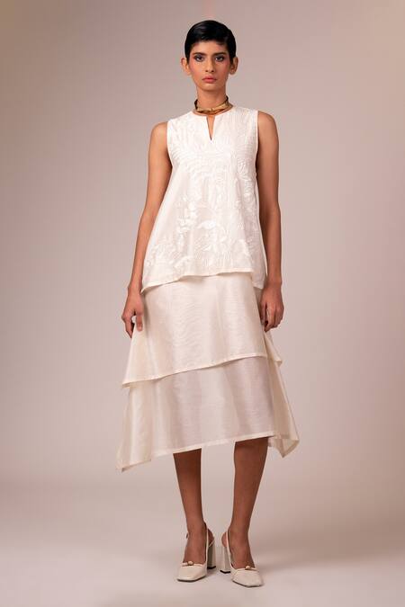 Shop_Madder Much_Ivory Chanderi Silk Embroidery Open Neck Valarie Thread Stepped Midi Dress _Online_at_Aza_Fashions