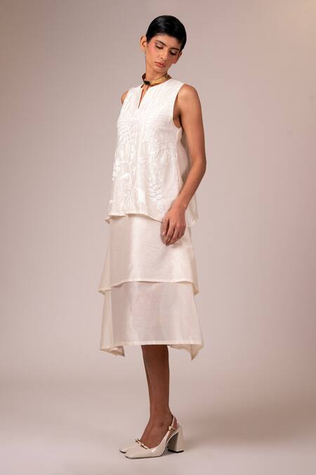 Madder Much_Ivory Chanderi Silk Embroidery Open Neck Valarie Thread Stepped Midi Dress _at_Aza_Fashions