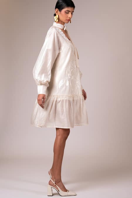 Shop Madder Much Ivory Chanderi Silk Embroidery V-neck Vana Snowy Thread Short Dress Online at Aza Fashions Shop_Madder Much_Ivory Chanderi Silk Embroidery V-neck Vana Snowy Thread Short Dress _Online_at_Aza_Fashions
