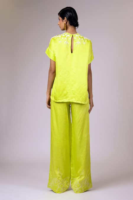 Shop Madder Much Green Linen, Satin Embroidery Round Neck Vega Top And Pant Set at Aza Fashions Shop_Madder Much_Green Linen, Satin Embroidery Round Neck Vega Top And Pant Set _at_Aza_Fashions