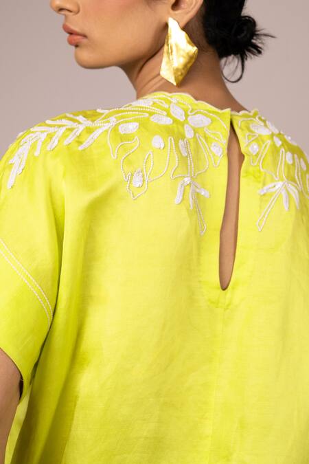 Madder Much Green Linen, Satin Embroidery Round Neck Vega Top And Pant Set Online at Aza Fashions Madder Much_Green Linen, Satin Embroidery Round Neck Vega Top And Pant Set _Online_at_Aza_Fashions