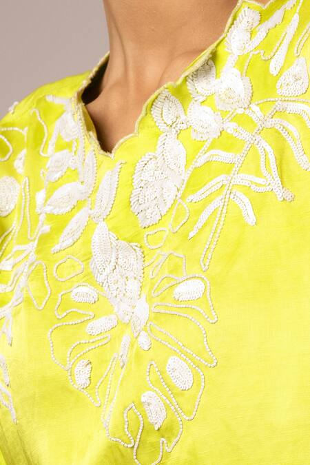 Buy Madder Much Green Linen, Satin Embroidery Round Neck Vega Top And Pant Set Online at Aza Fashions Buy_Madder Much_Green Linen, Satin Embroidery Round Neck Vega Top And Pant Set _Online_at_Aza_Fashions