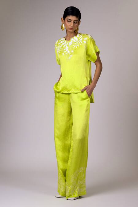 Madder Much Green Linen, Satin Embroidery Round Neck Vega Top And Pant Set at Aza Fashions Madder Much_Green Linen, Satin Embroidery Round Neck Vega Top And Pant Set _at_Aza_Fashions