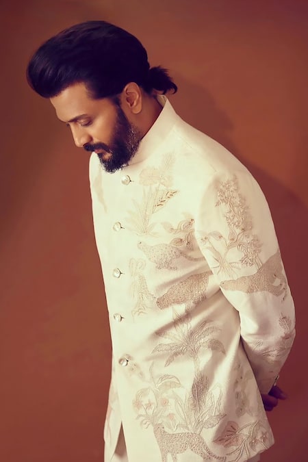Shop_Rohit Bal_Ivory Matka Silk Embroidered Resham Bandhgala _at_Aza_Fashions