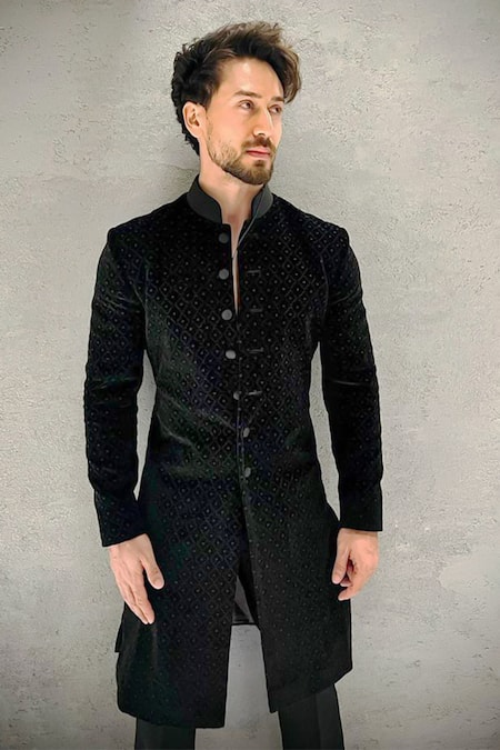 Shop_Rohit Bal_Black Velvet Embroidered Resham Sherwani _at_Aza_Fashions
