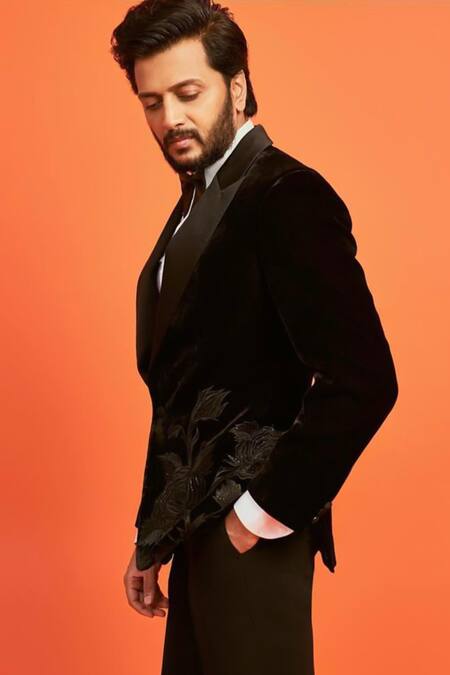 Rohit Bal_Black Velvet Embroidered Floral Tuxedo _Online_at_Aza_Fashions