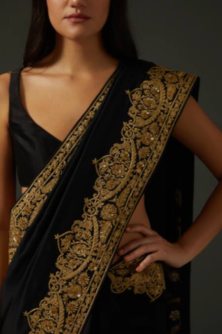 Rohit Bal_Black Chanderi , Zari, Sequins Embroidered Saree Set _Online_at_Aza_Fashions