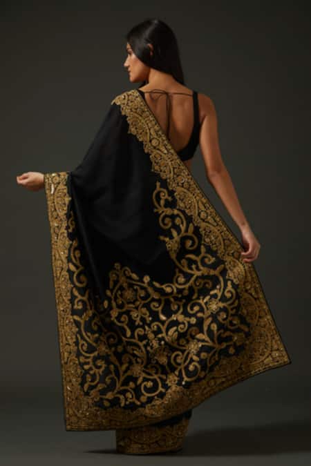 Buy_Rohit Bal_Black Chanderi , Zari, Sequins Embroidered Saree Set _Online_at_Aza_Fashions