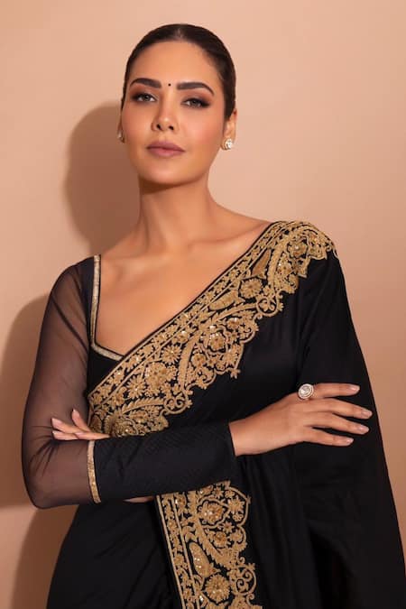 Shop_Rohit Bal_Black Chanderi , Zari, Sequins Embroidered Saree Set _Online_at_Aza_Fashions