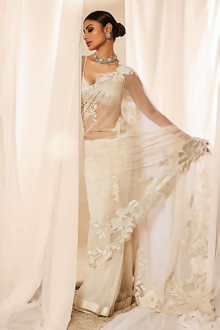 Rohit Bal Ivory Net Embroidered Floral Cutwork Soft Saree Set 