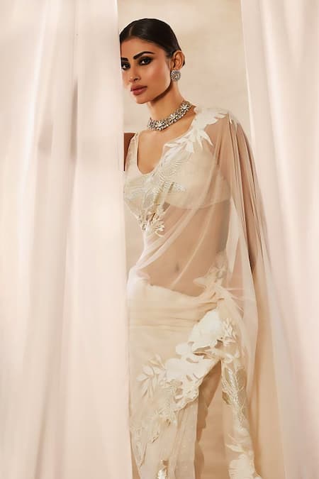 Rohit Bal_Ivory Net Cut Work Soft Embroidered Saree Set _Online_at_Aza_Fashions