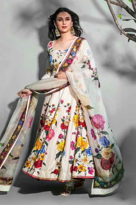 Rohit Bal Ivory Chanderi Silk Printed Floral Round Anarkali Pant Set 