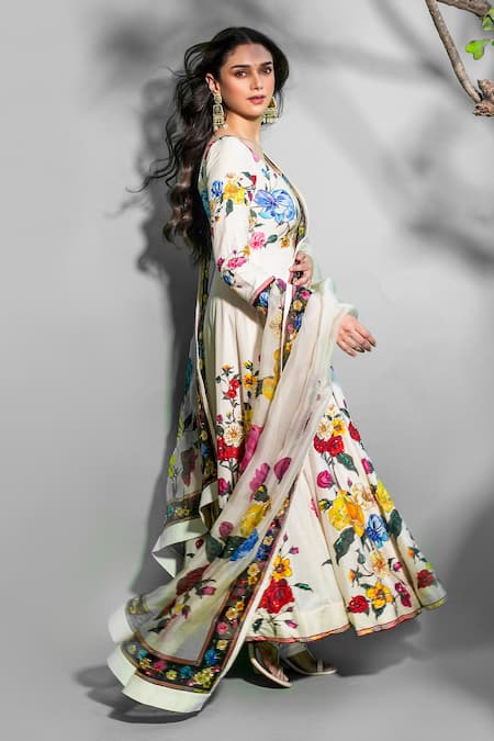 Shop_Rohit Bal_Ivory Chanderi Silk, Cotton Embroidery Round Neck Floral Print Anarkali Pant Set _at_Aza_Fashions